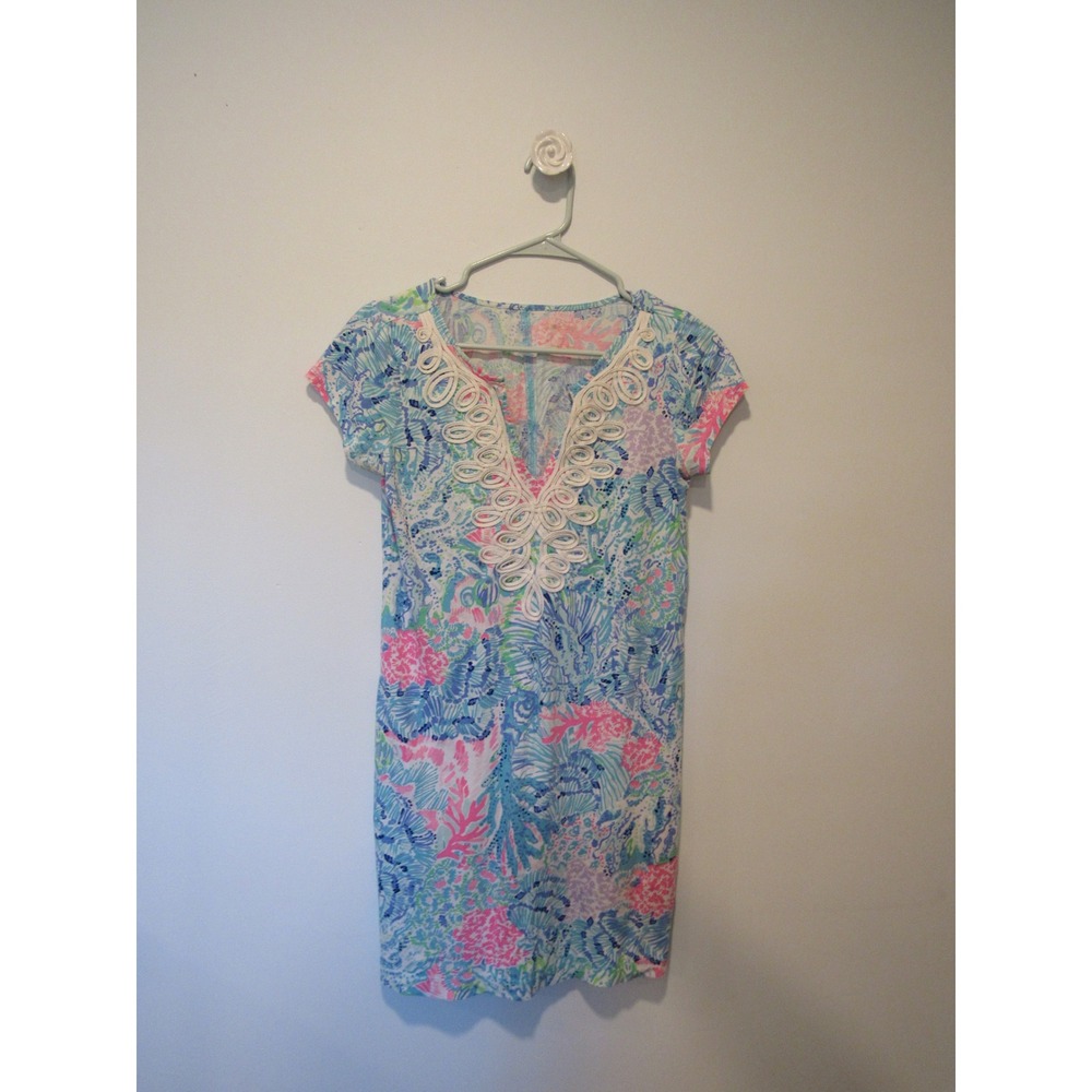 Lilly Pulitzer Pima Cotton Dress Blue Pink Coral Reef Print S 002272